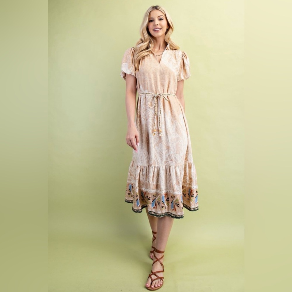 D88. Light Cream Embroidered Midi Dress with Tie Waist